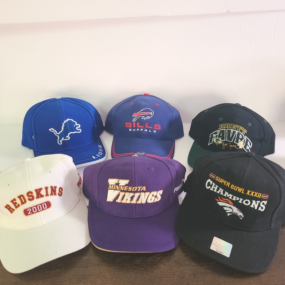 VTG NFL Hat Lot 6 Redskins 2000 Broncos Super Bowl Lions Bills Packers Vikings
